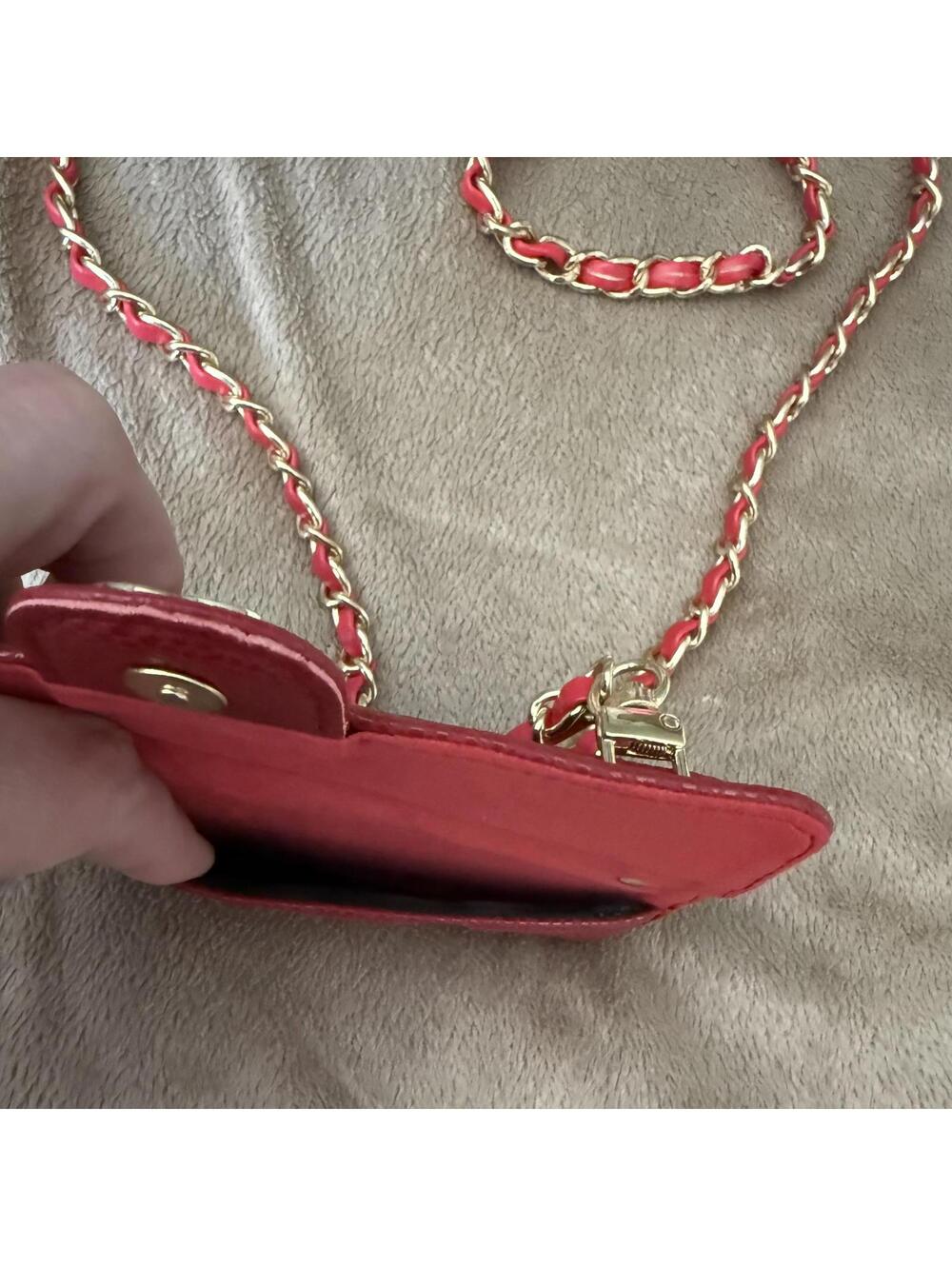 CHANEL Quilted Red Leather Phone Case with Gold Chain Strap - Picture 2 of 5